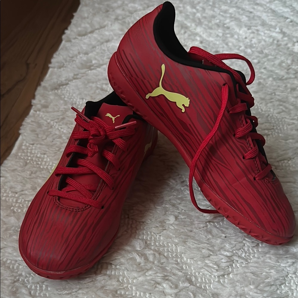 Puma Vibrant Red Soccer Shoes with Yellow Logo